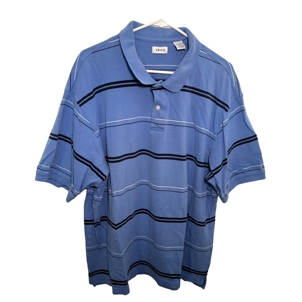 Izod Mens Size XXL Polo Shirt Light Blue Black White Stripes Short Sleeve Cotton
